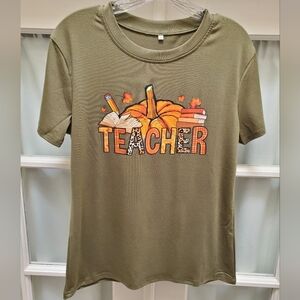 NWOT LBP Women's Teacher Fall Graphic Short Sleeve T-Shirt Olive Green - Size S